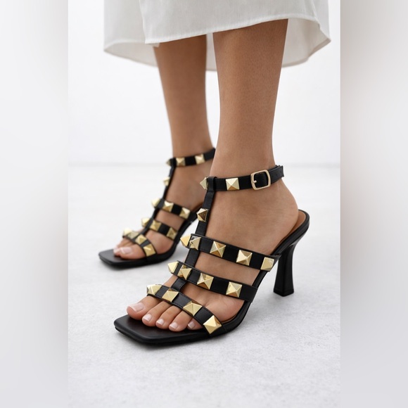 Nicole Miller Shoes - Nicole Miller NY Gold Studded Black Heeled Sandals – Ankle Strap Fashion Heels